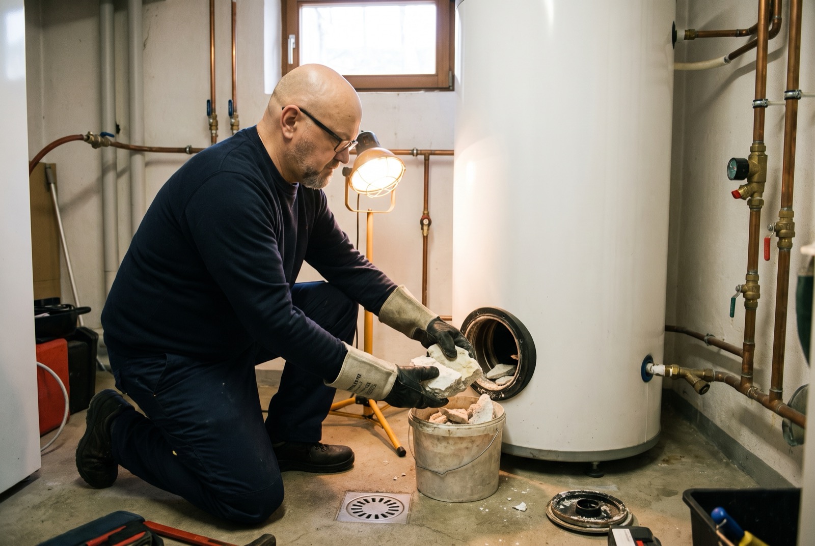 Danijel Pejic entnimmt Kalkablagerungen aus einem geöffneten Warmwasserspeicher in einem Heizraum