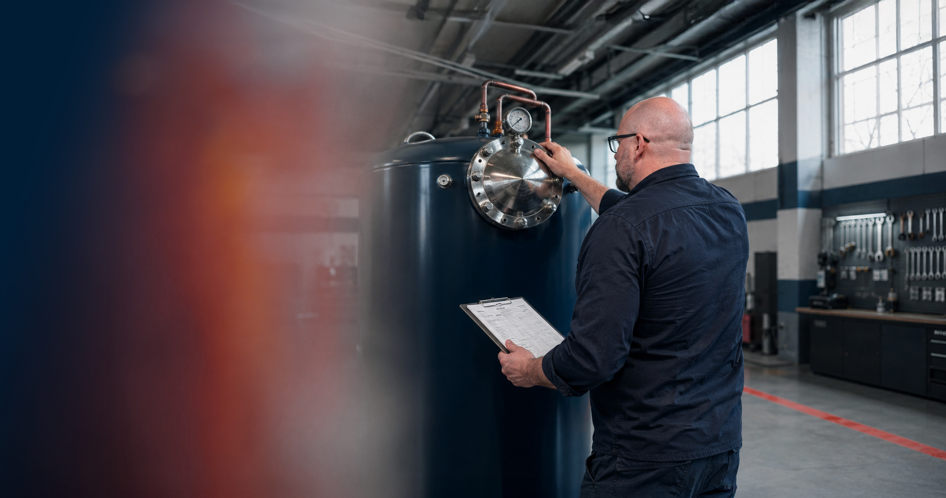 Danijel Pejic, Inhaber A&O Tec GmbH, bei der Tank-Inspektion in der Service-Halle