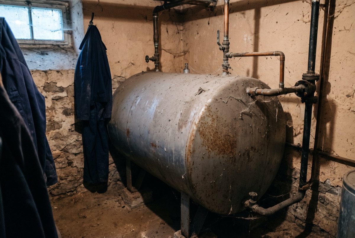 Älterer Heizöltank mit Patina in einem Kellerraum