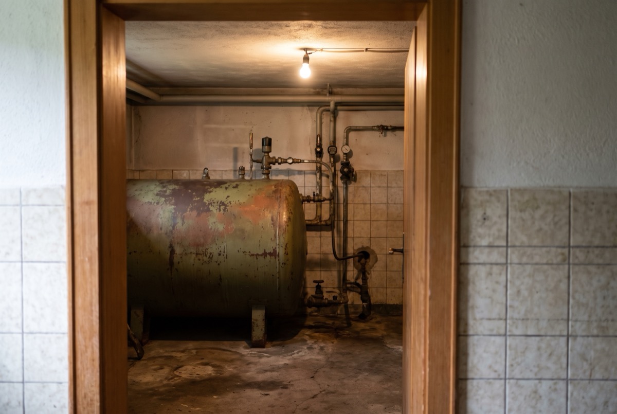Älterer Heizöltank mit Rohrleitungen im Keller eines Einfamilienhauses