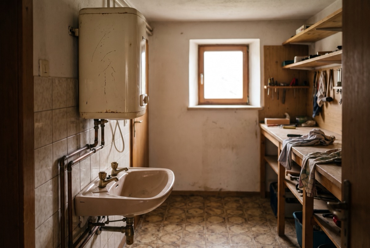 Wandhängender Warmwasserboiler in einem älteren Hauswirtschaftsraum