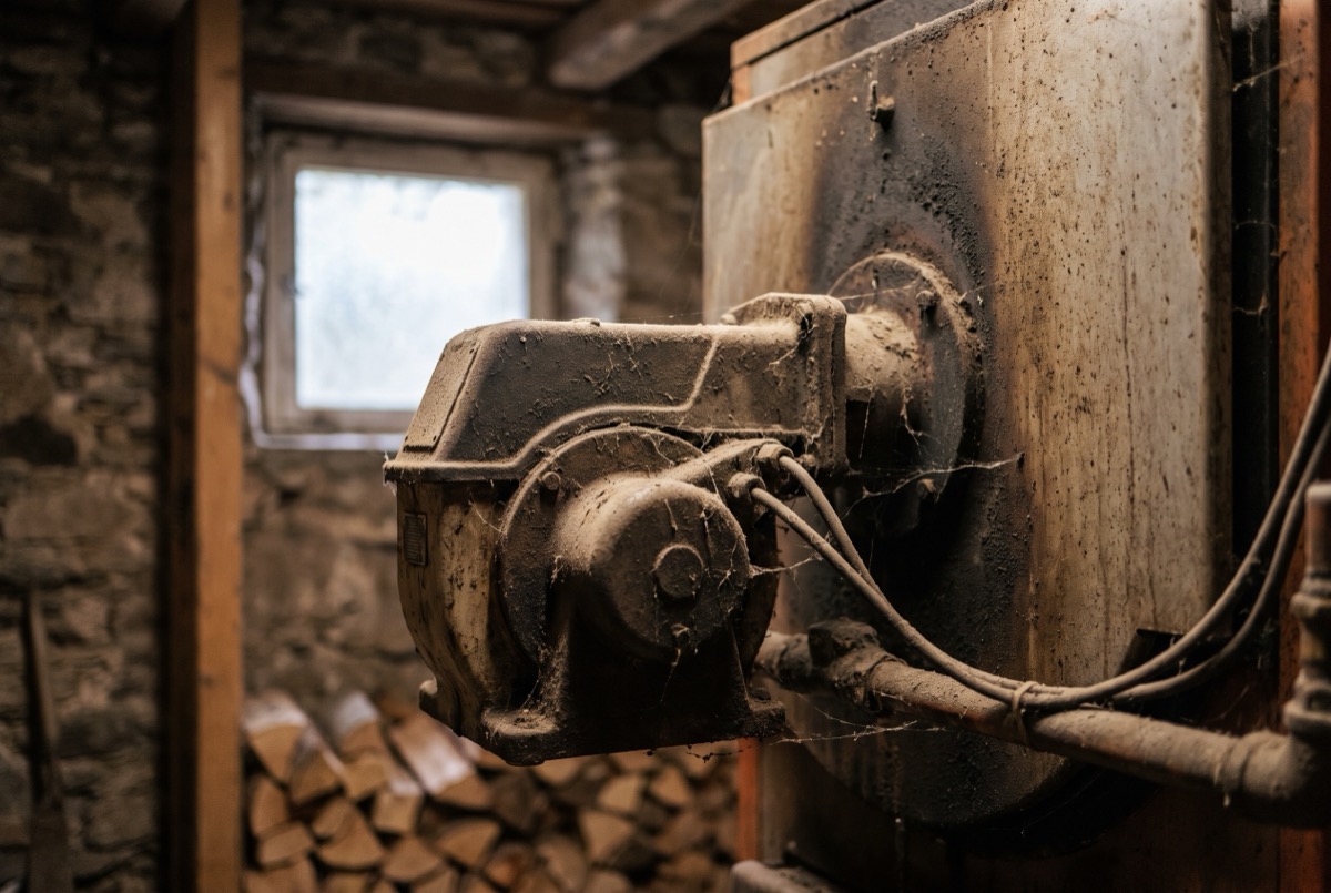 Ölbrenner mit Staub und Ablagerungen vor der jährlichen Wartung im Heizraum