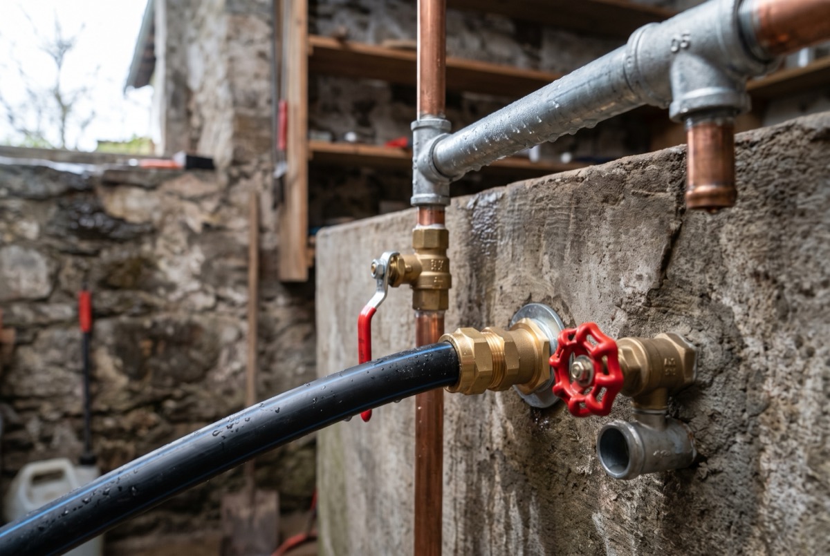 Neue Wasserleitungen und Armaturen an einem umgewidmeten Kellertank für Regenwasser