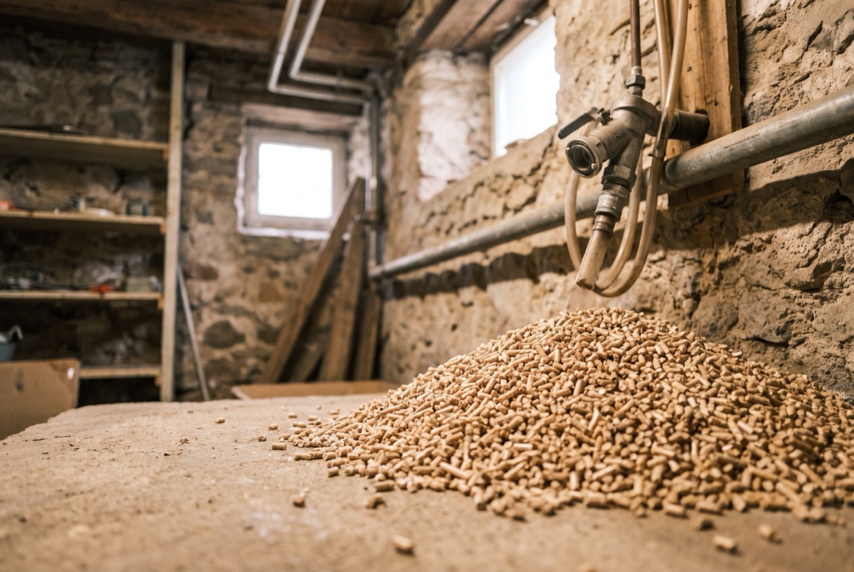 Holzpellets in einem umgebauten Tankraum, darüber die Befüllkupplung an der Wand