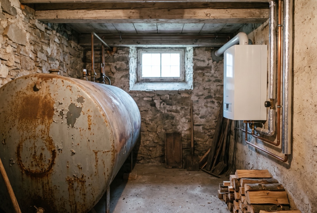 Ausgedienter Heizöltank neben moderner Heiztechnik in einem Kellerraum