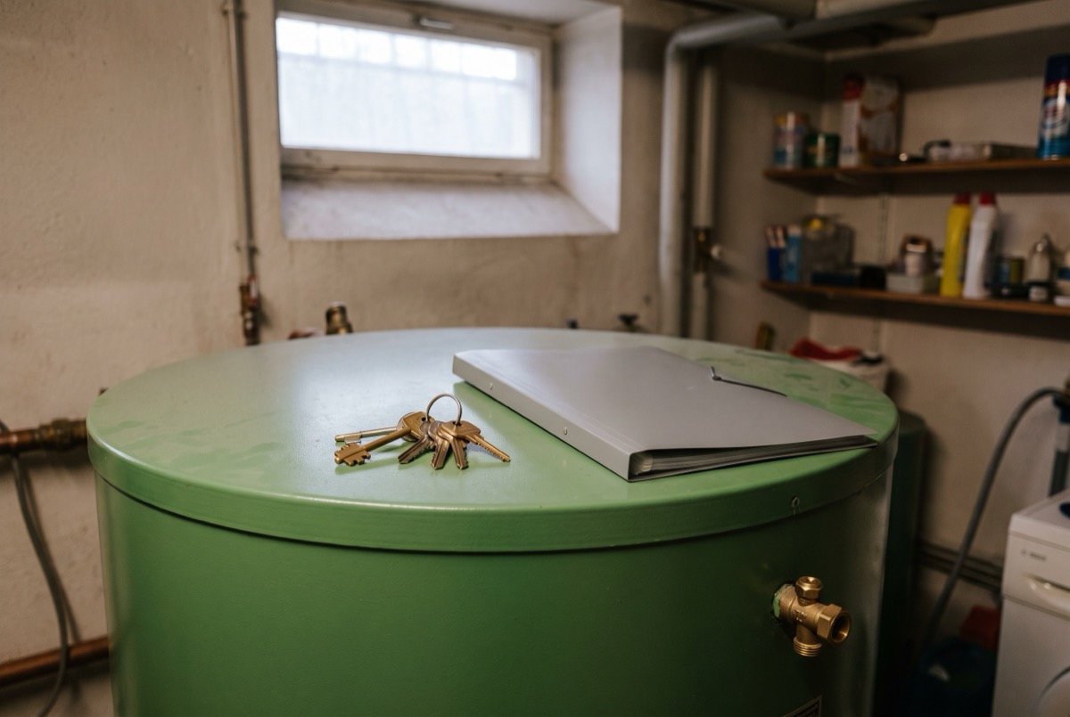 Hausschlüssel und Unterlagenmappe auf einem Heizöltank im Keller