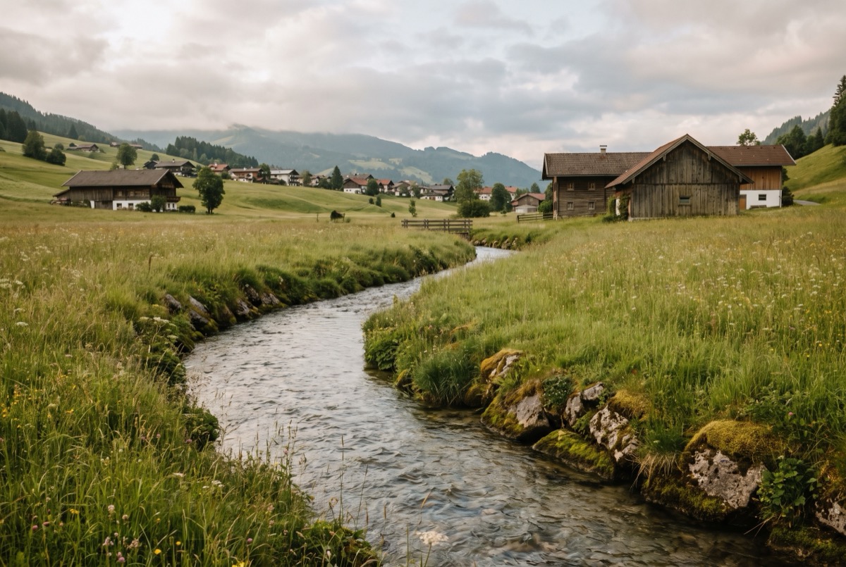 Klarer Bach in einer Wiesenlandschaft nahe Wohnhäusern in einem Wasserschutzgebiet
