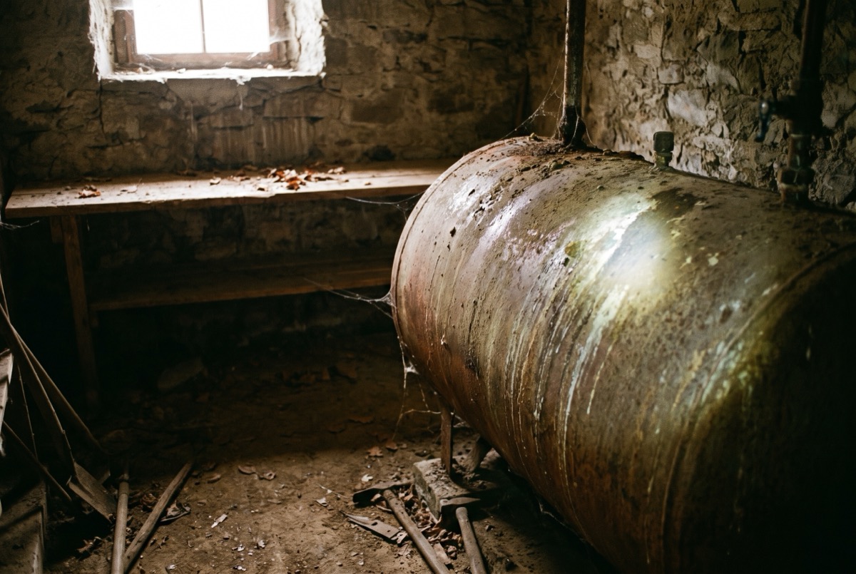 Alter Heizöltank ohne Unterlagen in einem dunklen Kellerraum eines geerbten Hauses