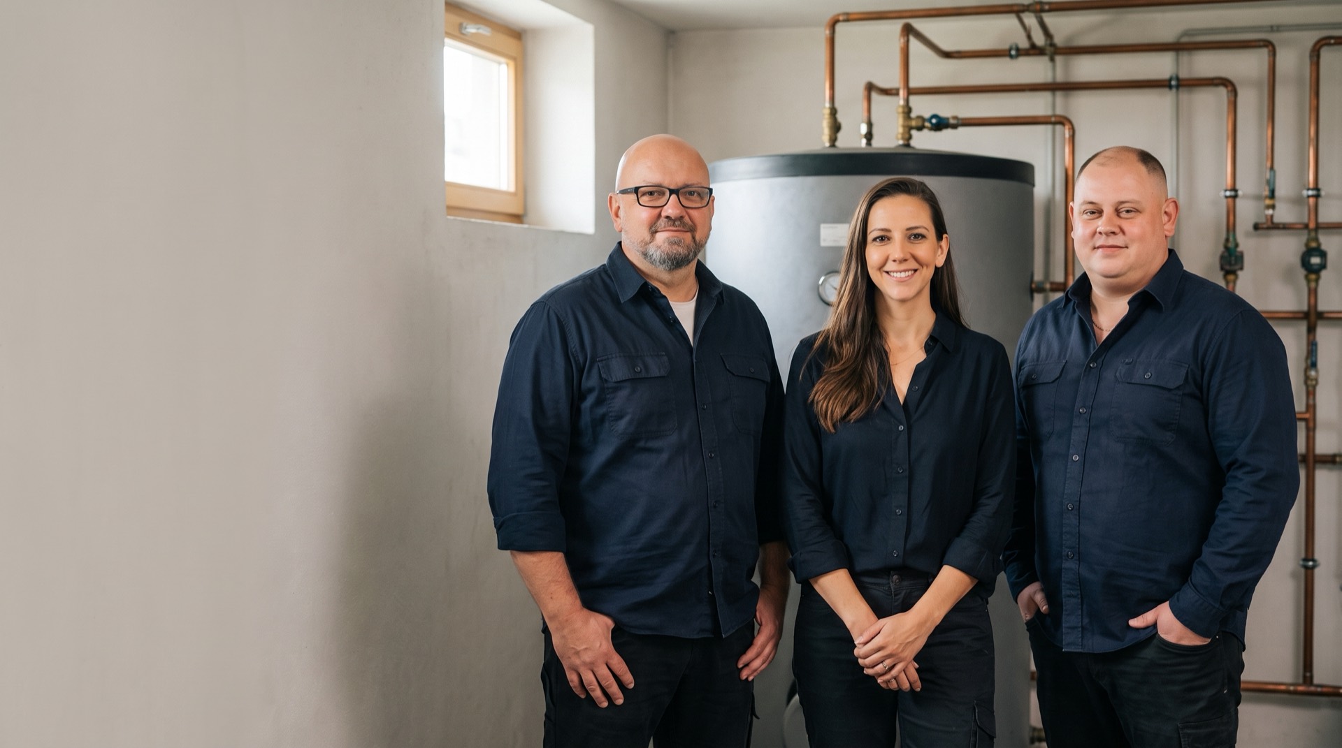 Das Team von 123-Service: Danijel Pejic, Sarah Staudacher und Stojan Lekic im Heizöltank-Raum